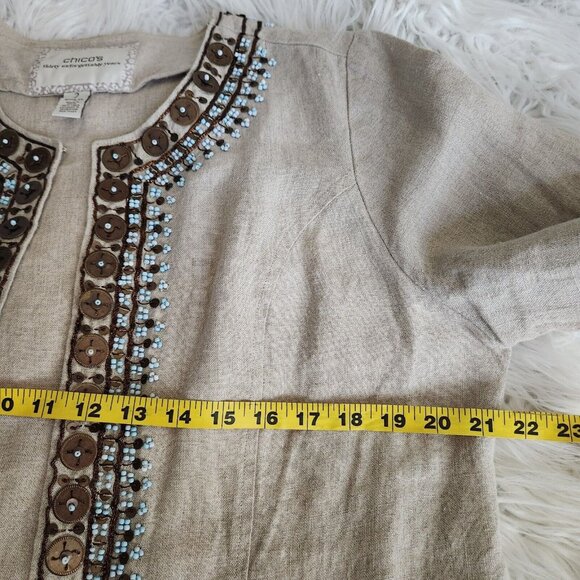 Chicos Jacket Women's 2 L 12 Embellished 100% Linen 3/4 Sleeves Tan Boho Casual‎ - Picture 11 of 15